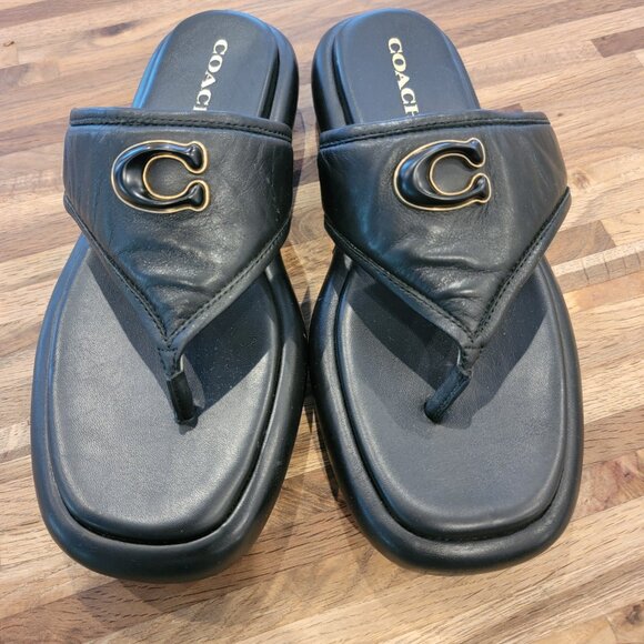 Coach Sylvie Black Leather Logo Platform Thong Sandal - Picture 4 of 13